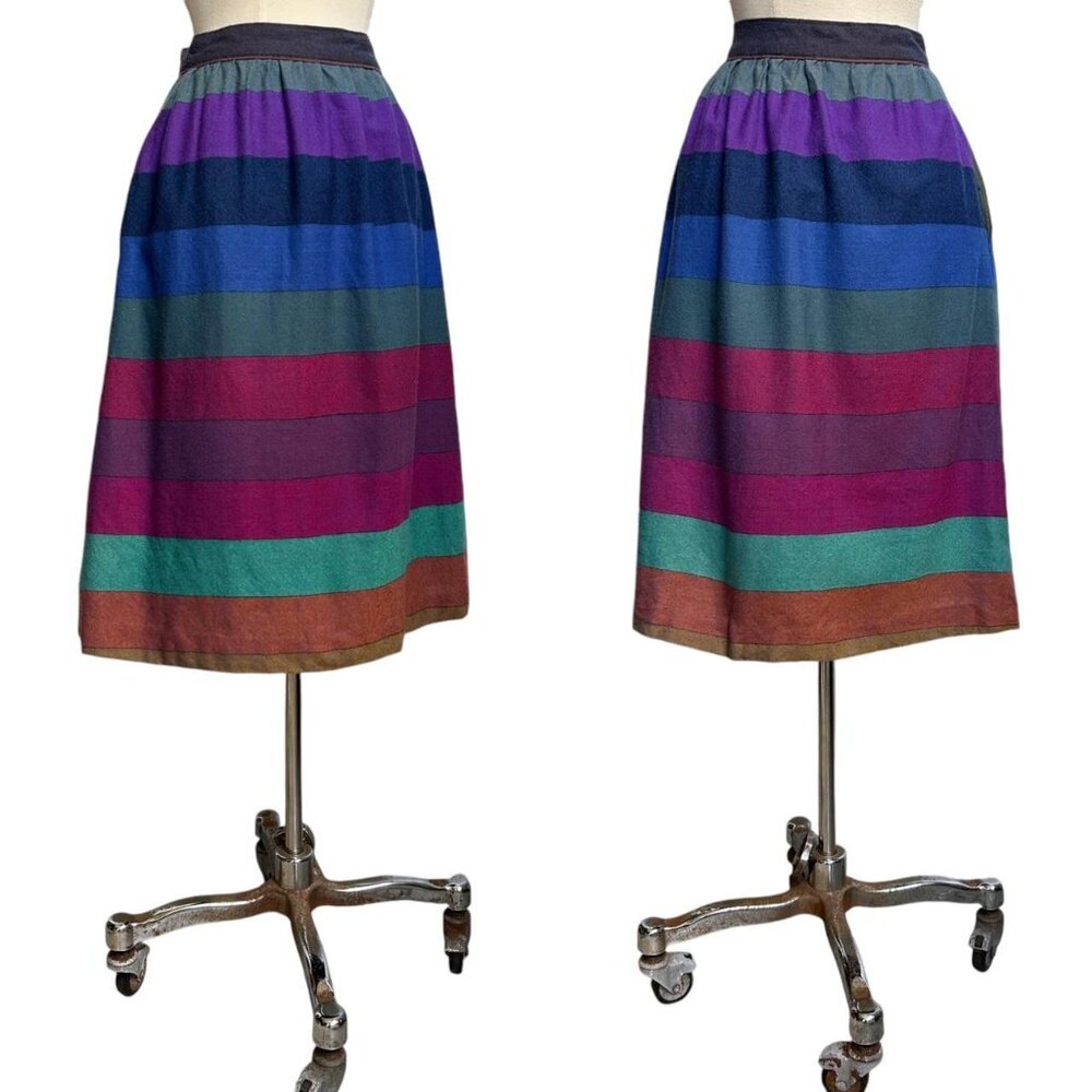 60s vintage rainbow wool skirt multicolour stripe pattern high waisted flared.